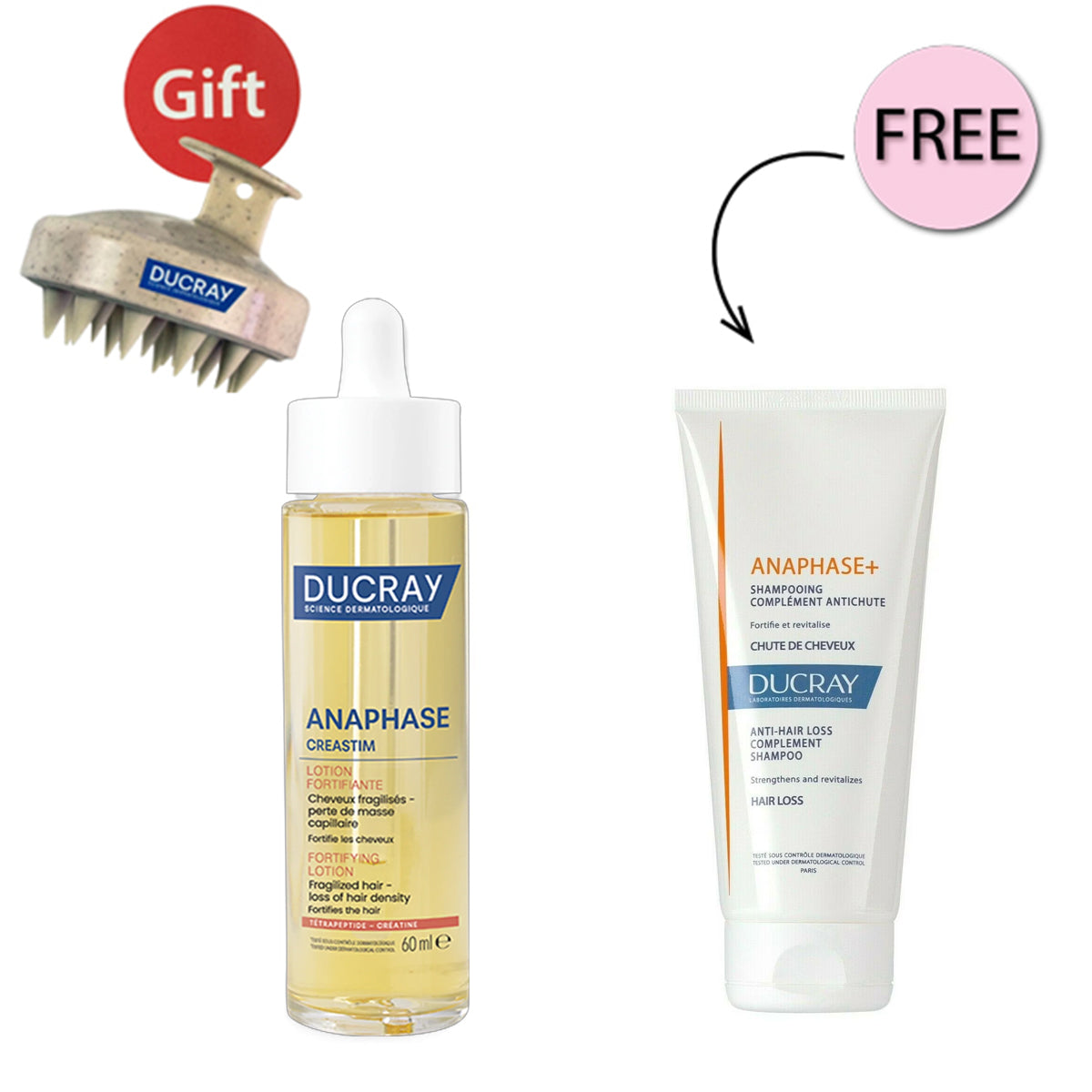 Ducray Anti Acute Hair Loss Complete Routine Anaphase+ Shampoo + Creastim Reactiv Lotion + Gift Brush